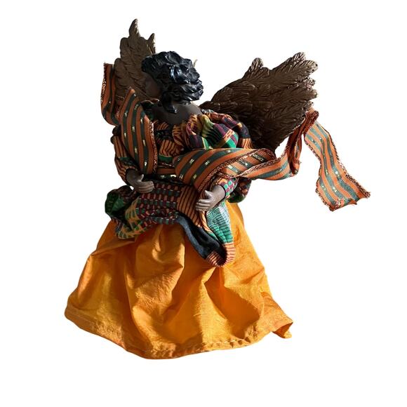 African American Black Angel Ornament Tree Topper Yellow Dress Kente Cloth Scarf - Picture 3 of 7